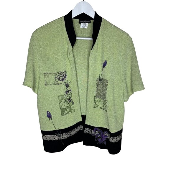Vintage 90s Chartreuse Short Sleeve Open-Front Kimono Top, Floral Accents, 14P - Picture 1 of 8